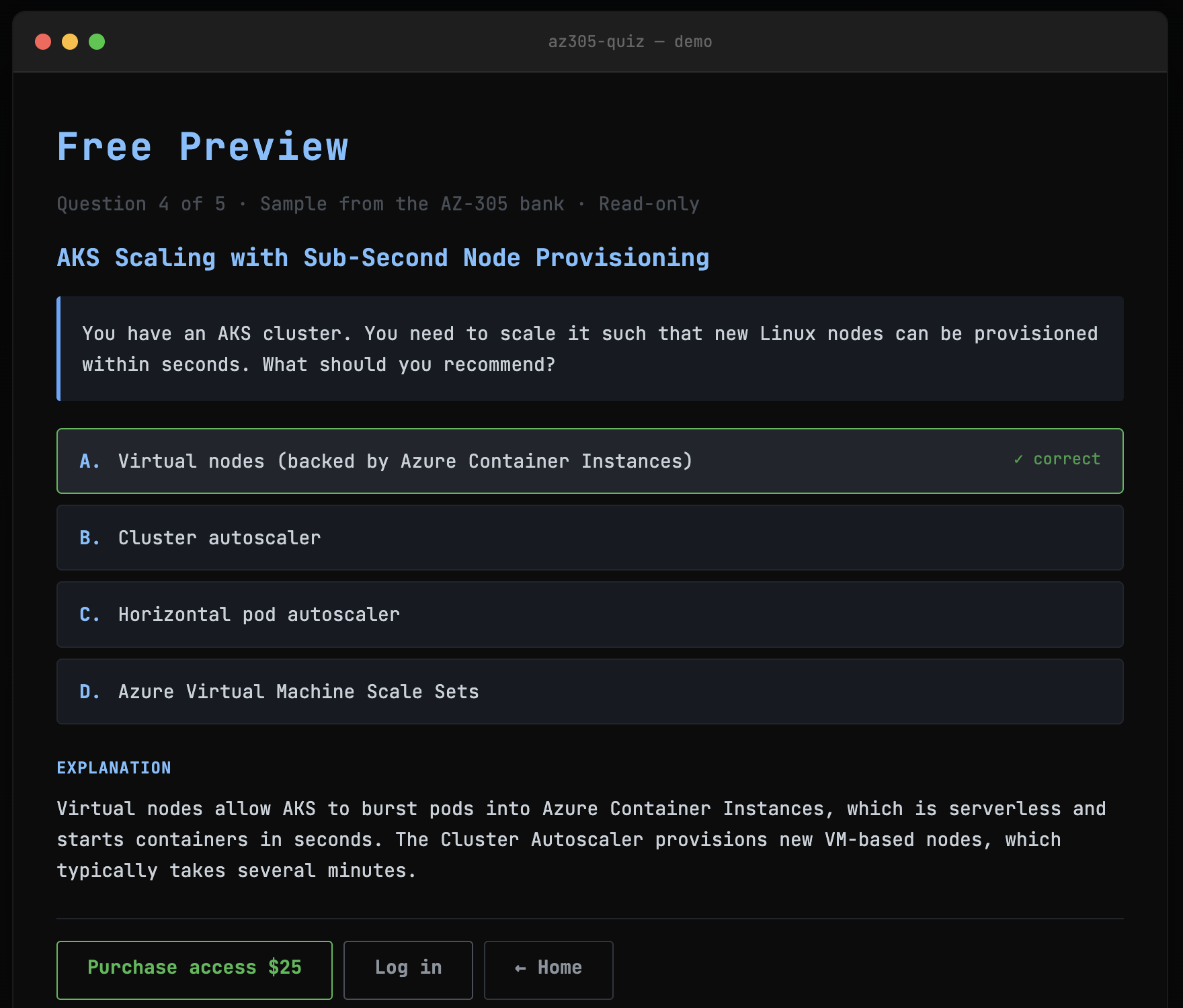 AZ-305 quiz interface